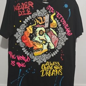 Stylish Black Graphic Tee with Vibrant Skull Design